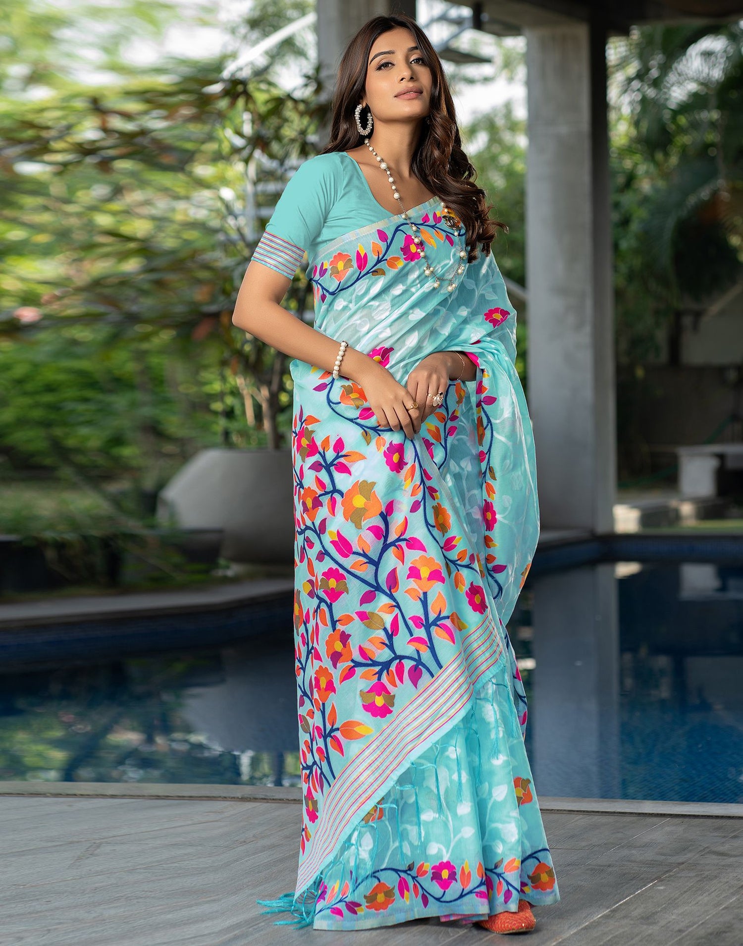 Sky Blue Jacquard Cotton Saree