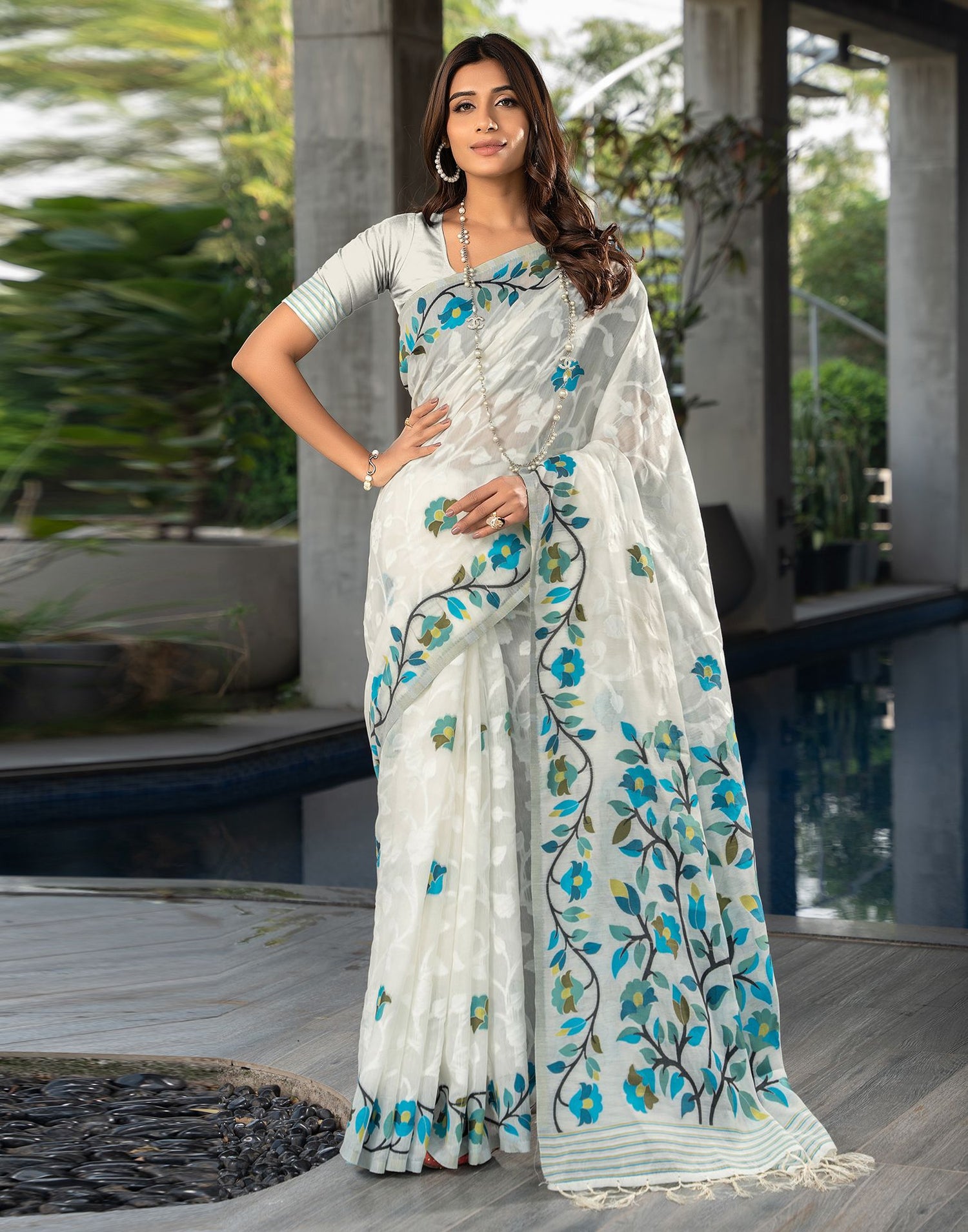 White Jacquard Cotton Saree