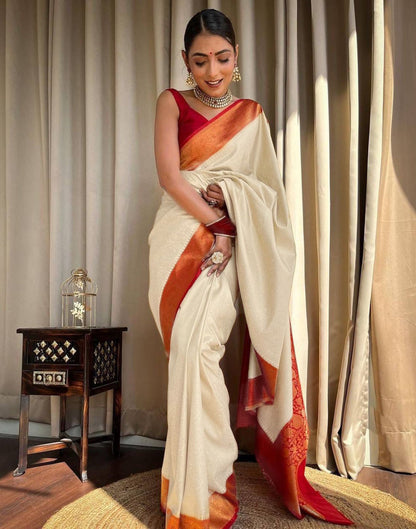 Beige Jacquard Silk Saree