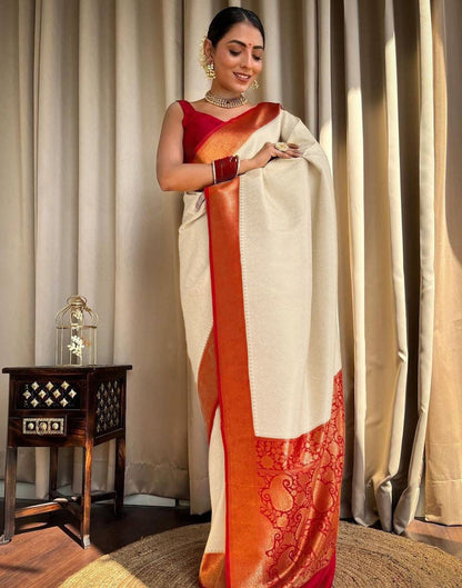 Beige Jacquard Silk Saree