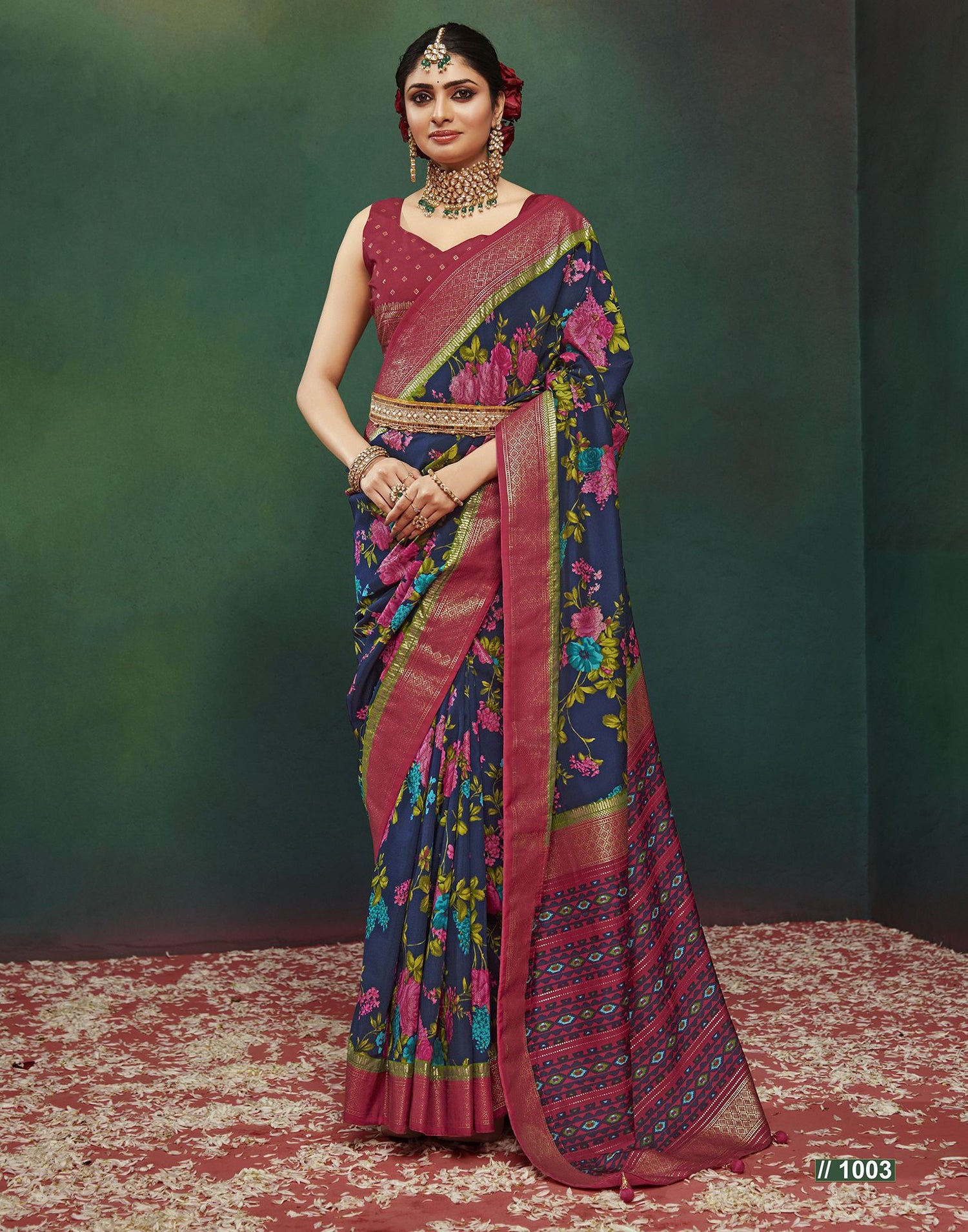 Navy Blue Printed Silk Saree