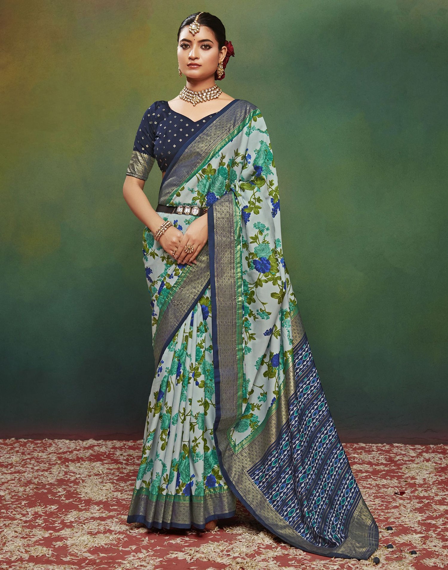 Navy Blue Printed Silk Saree