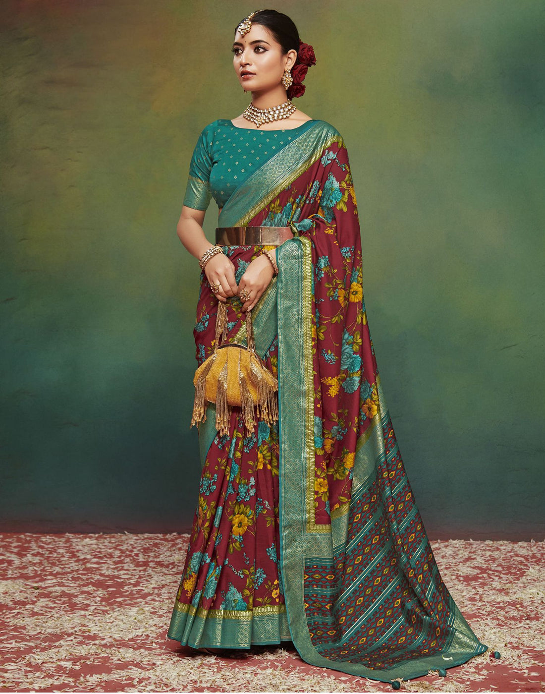 Rama Green Printed Silk Saree