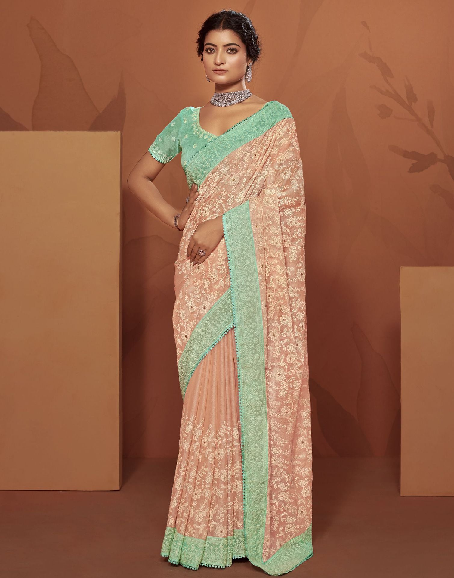 Light Peach Plain Chiffon Saree