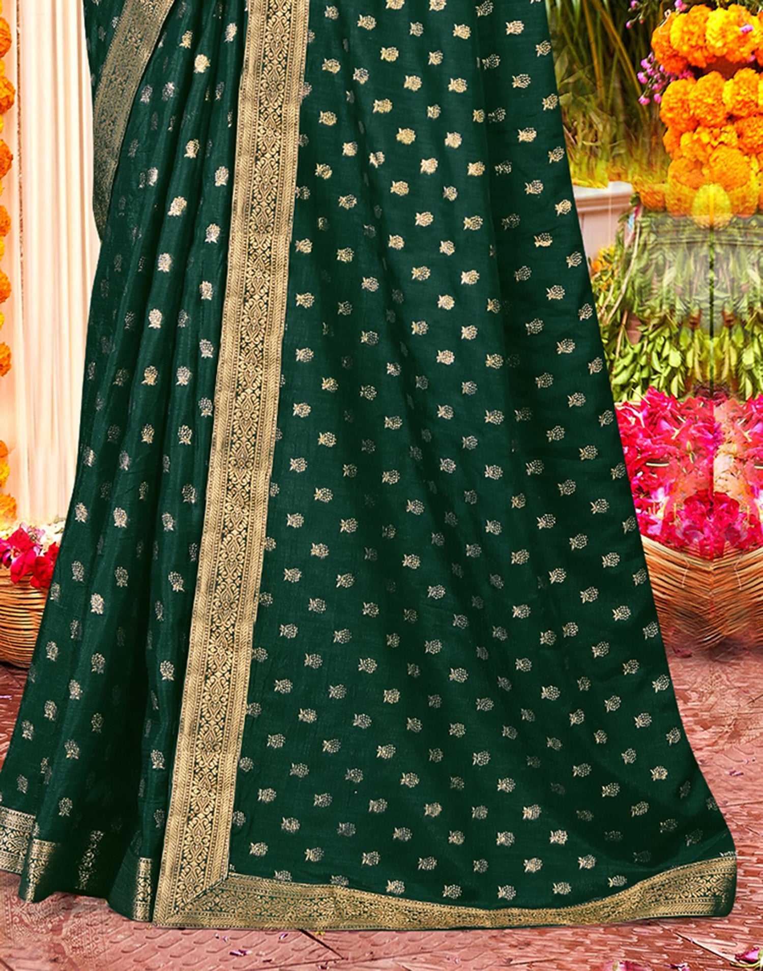 Dark Green Printed Silk Saree