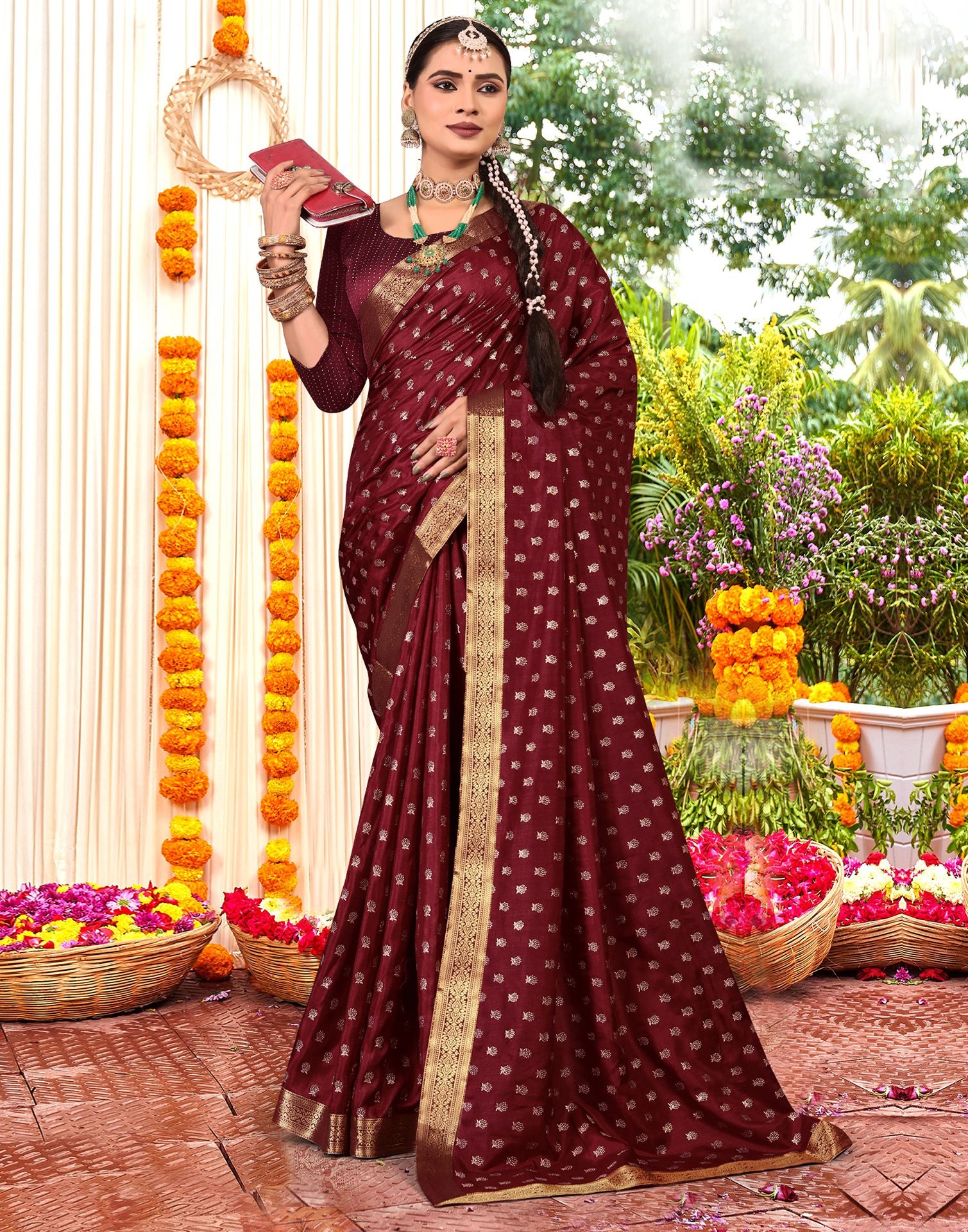 Maroon Printed Silk Saree