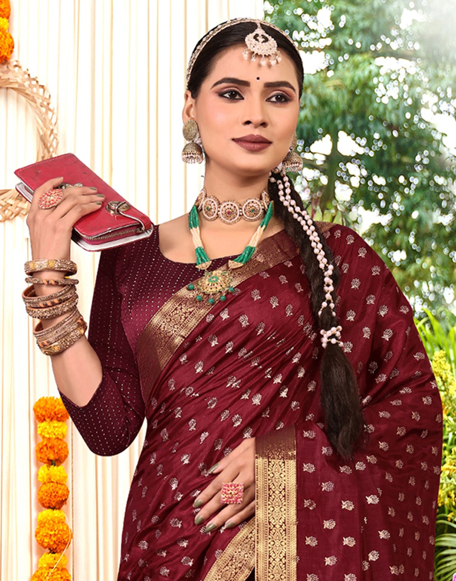 Maroon Printed Silk Saree