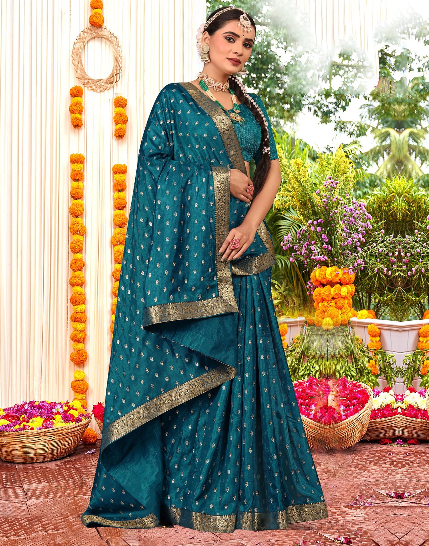 Sea Blue Printed Silk Saree