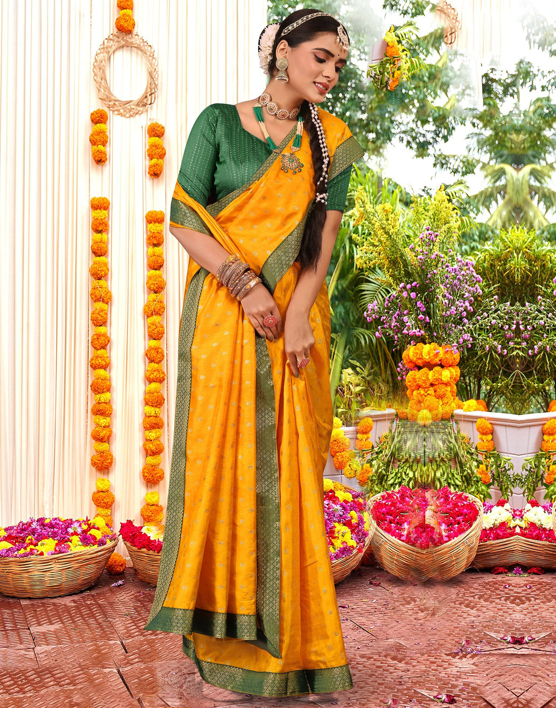 Yellow Printed Silk Saree