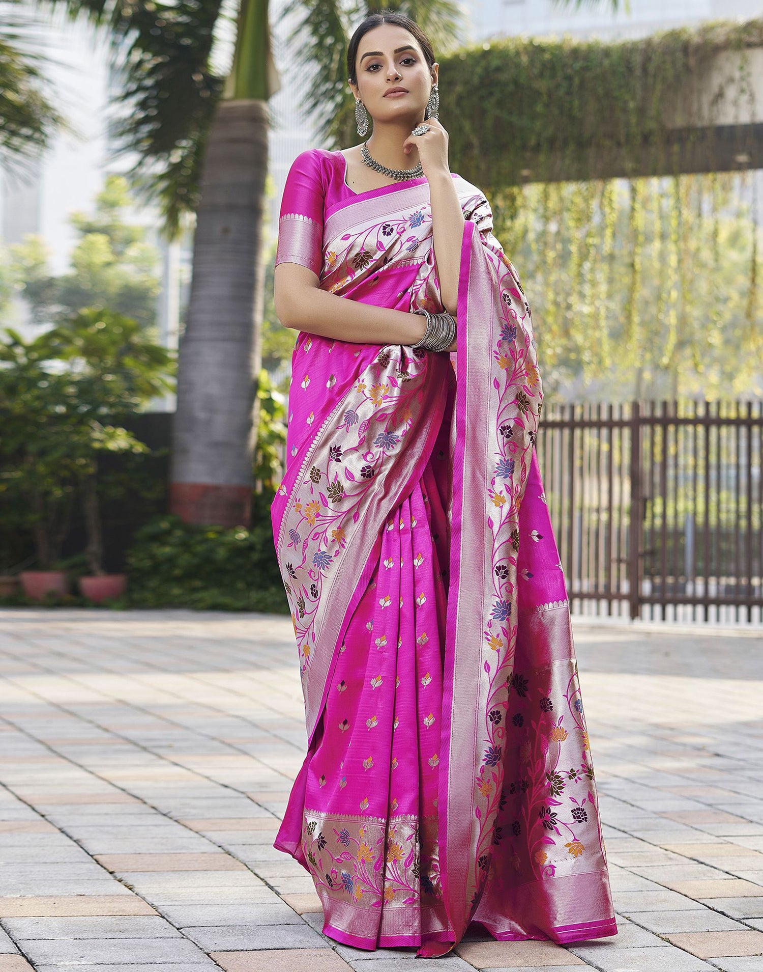 Pink Jacquard Silk Saree