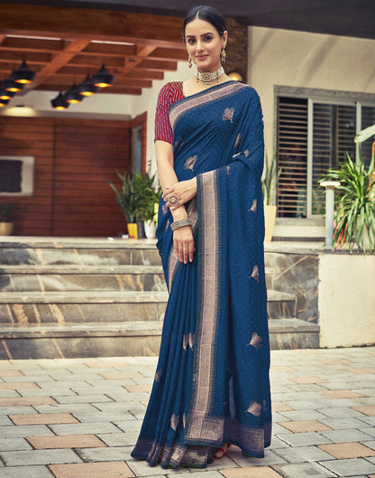 Dark Sea Blue Plain Silk Saree