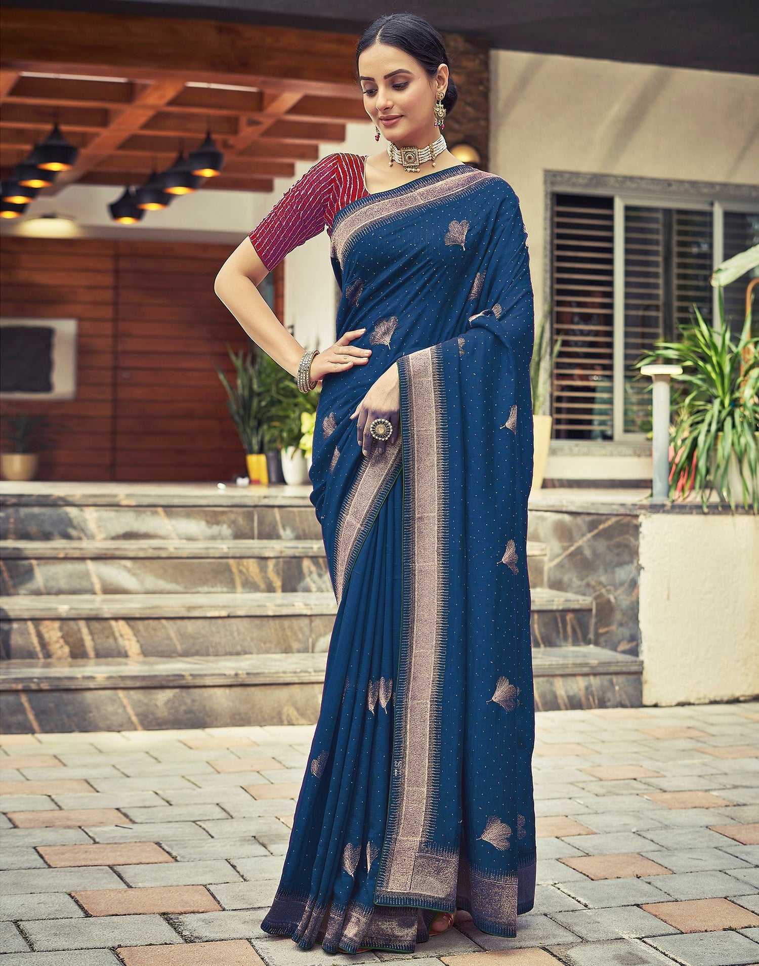 Dark Sea Blue Plain Silk Saree