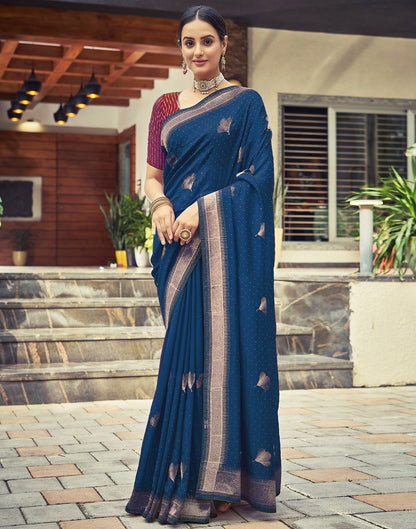 Dark Sea Blue Plain Silk Saree