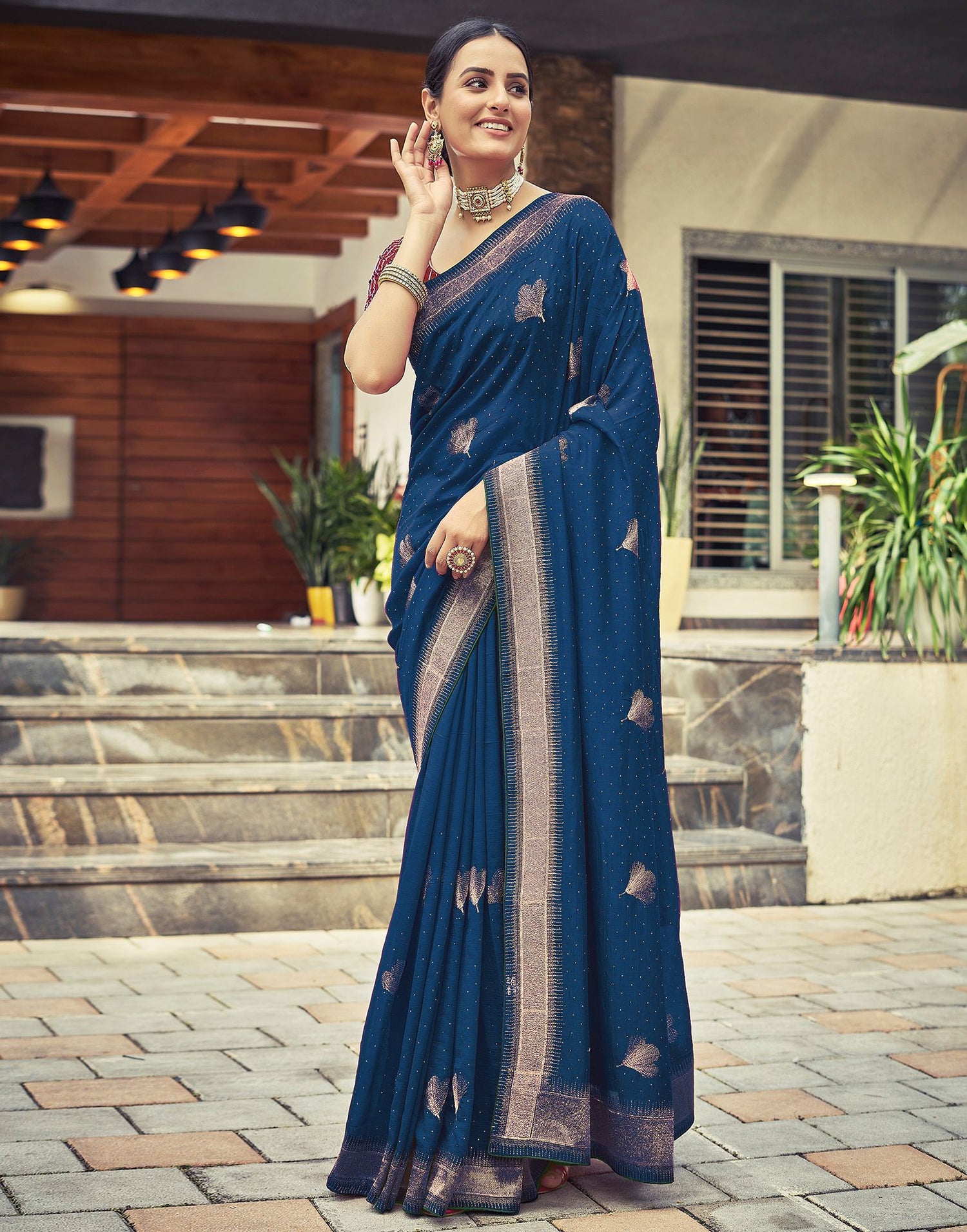 Dark Sea Blue Plain Silk Saree