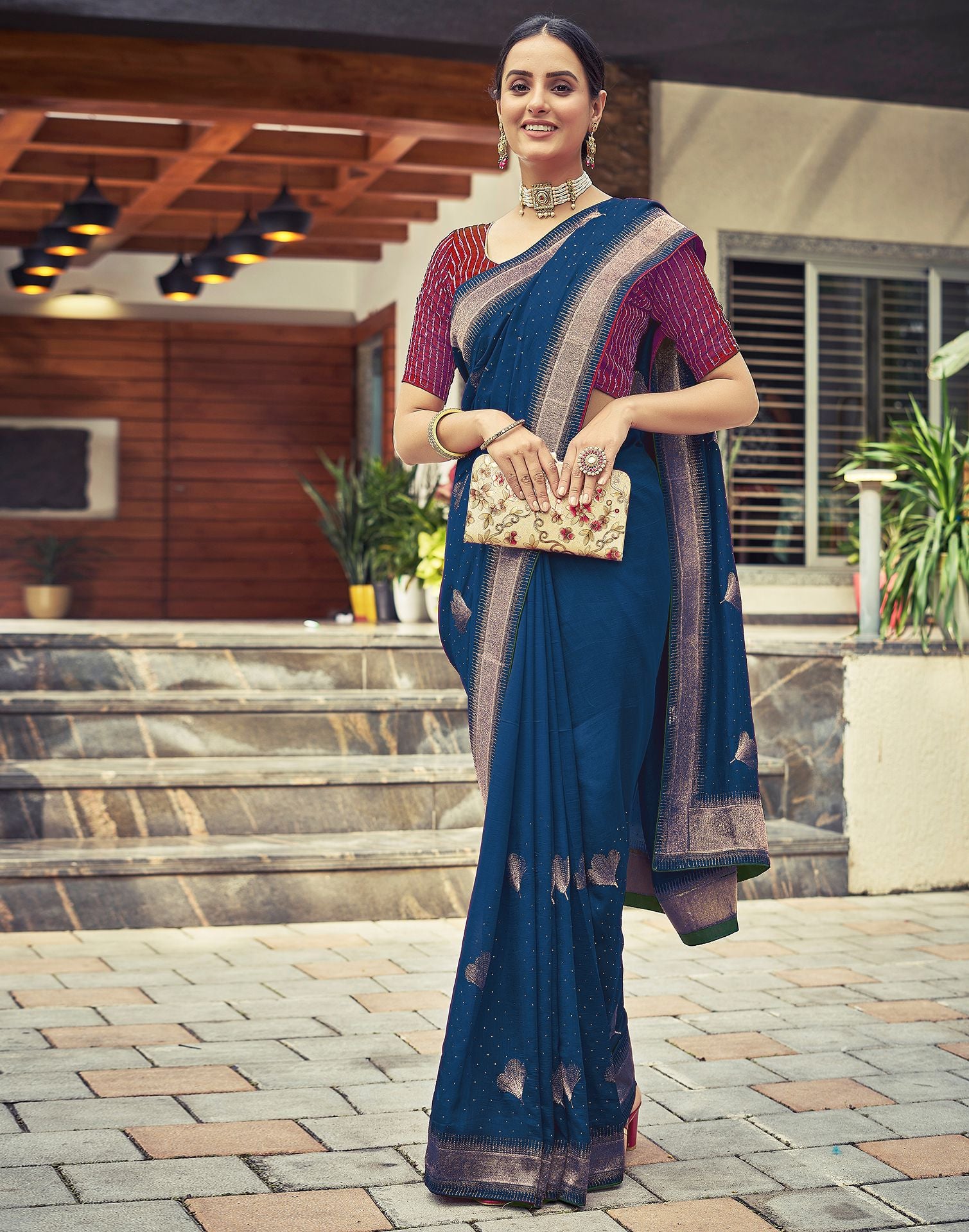 Dark Sea Blue Plain Silk Saree