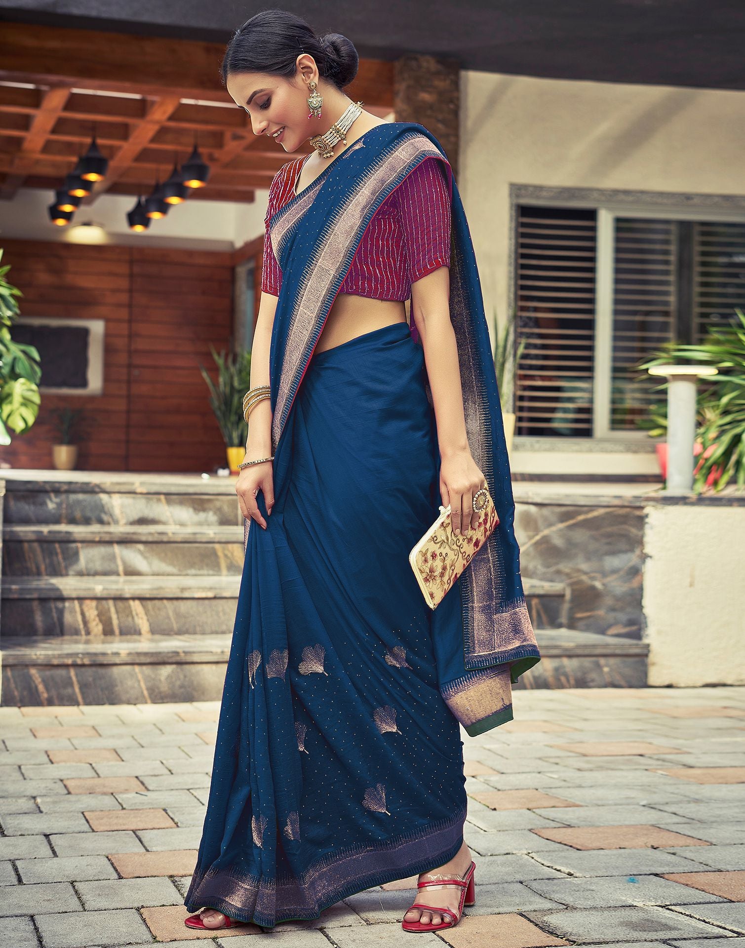 Dark Sea Blue Plain Silk Saree