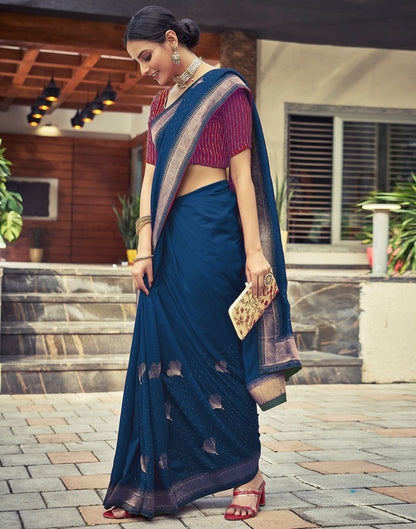 Dark Sea Blue Plain Silk Saree