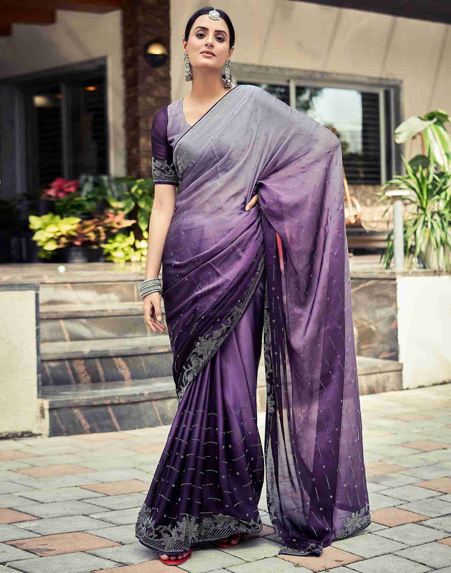 Dark Purple Plain Georgette Saree