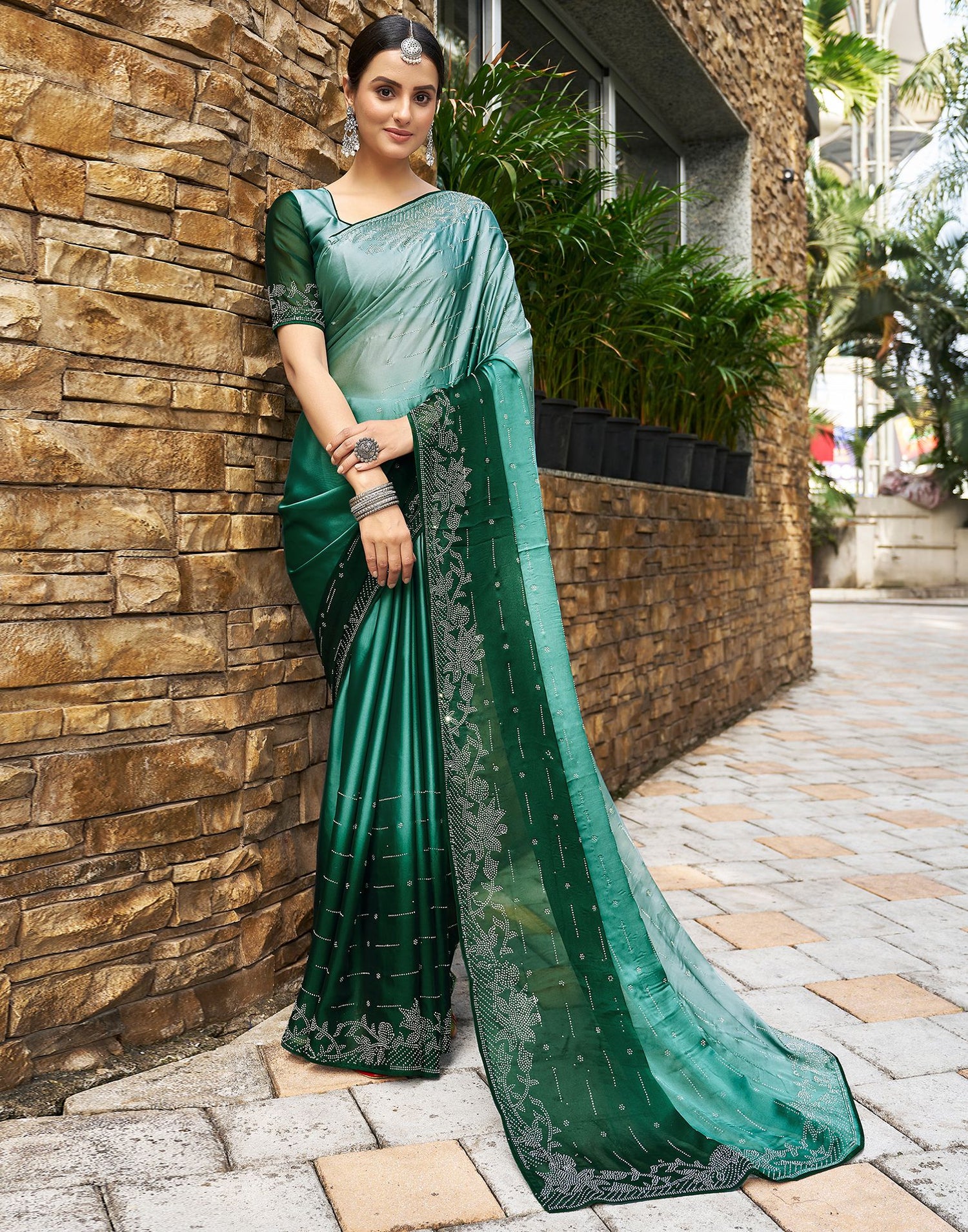 Dark Green Plain Georgette Saree