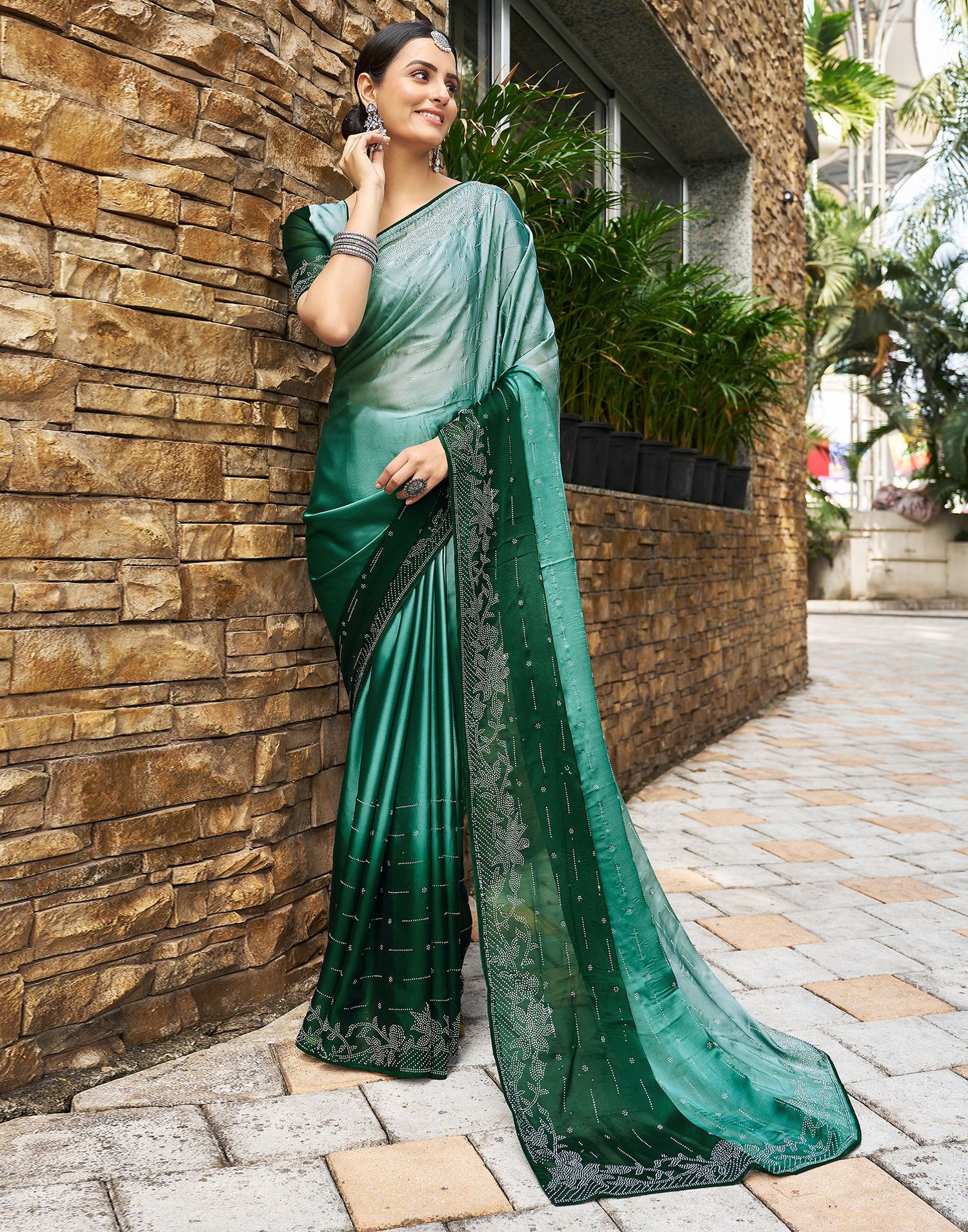 Dark Green Plain Georgette Saree