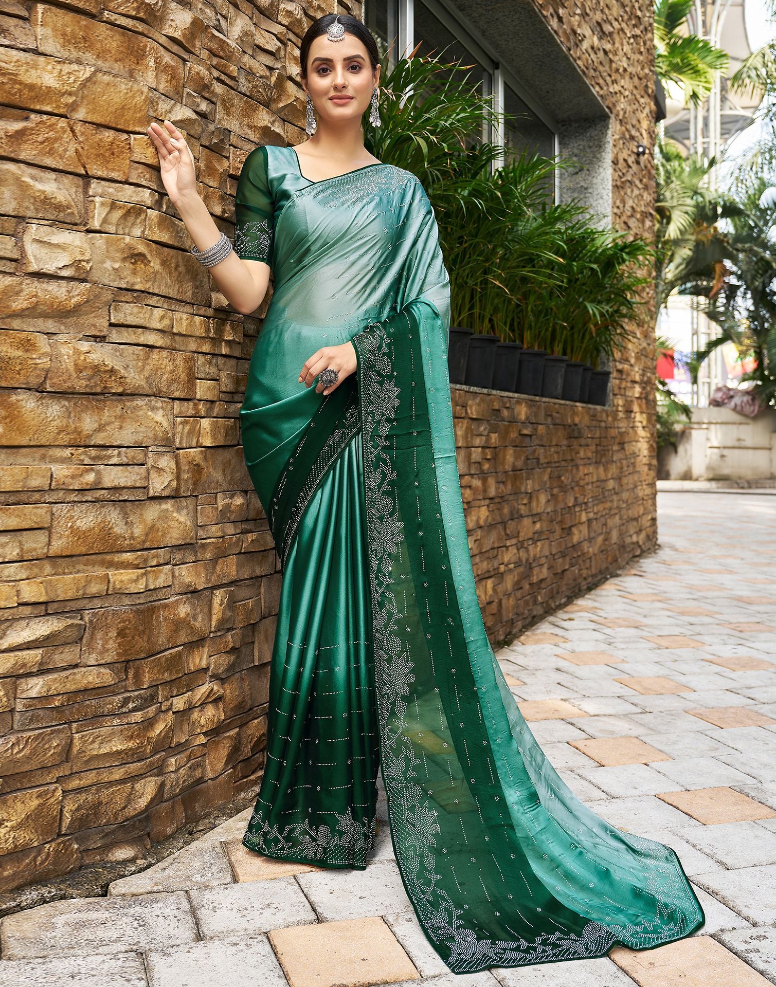 Dark Green Plain Georgette Saree