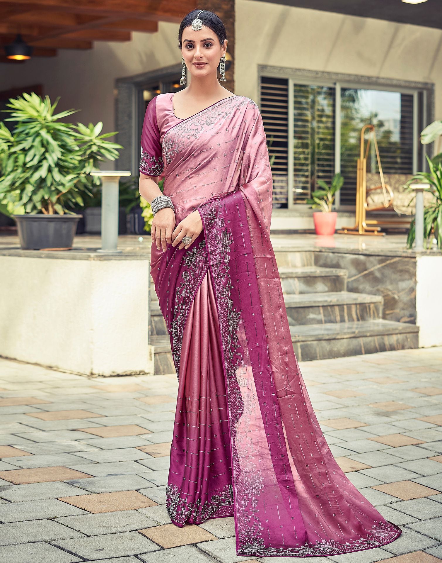 Pink Plain Georgette Saree