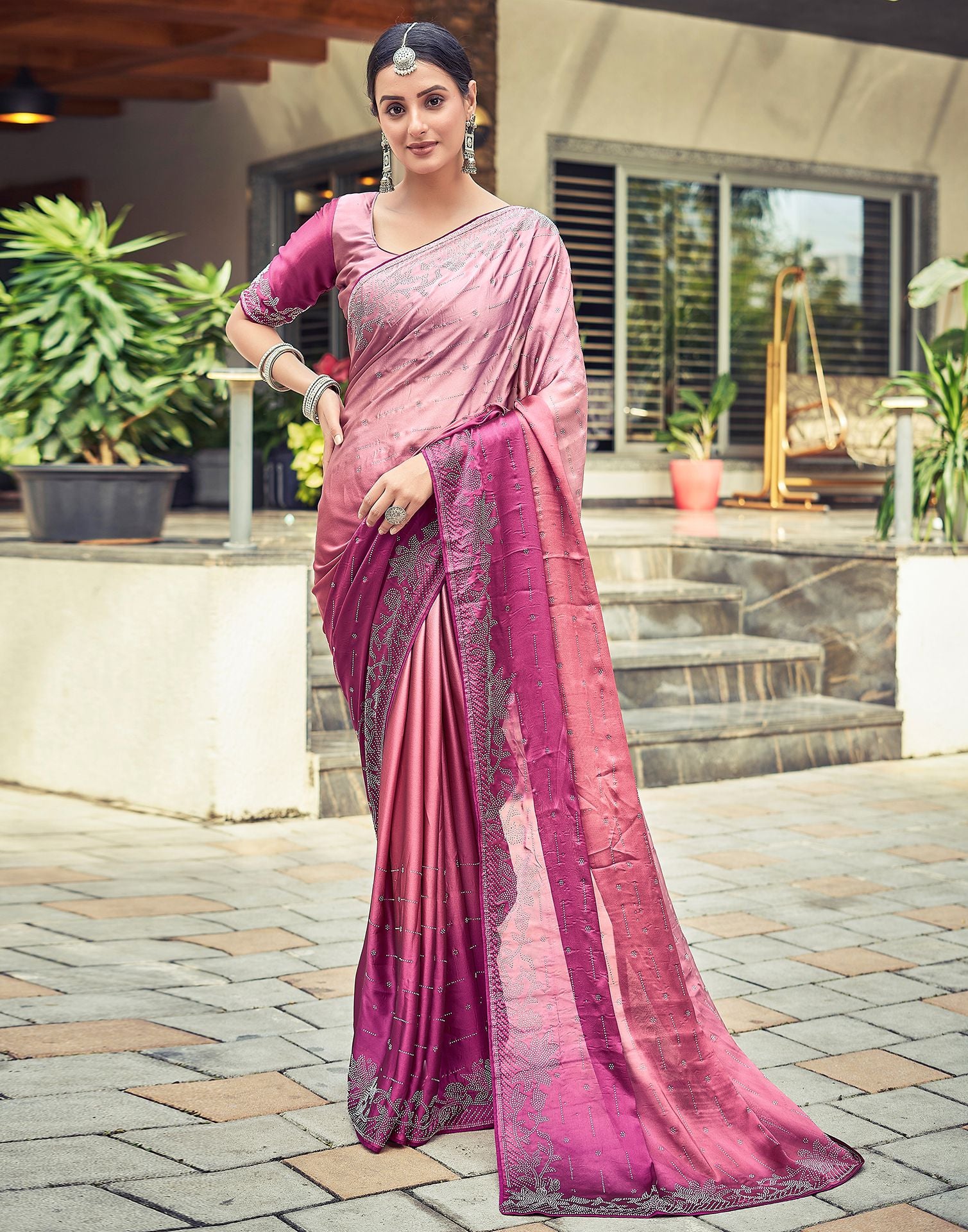 Pink Plain Georgette Saree