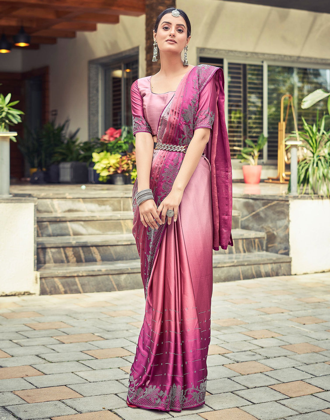 Pink Plain Georgette Saree