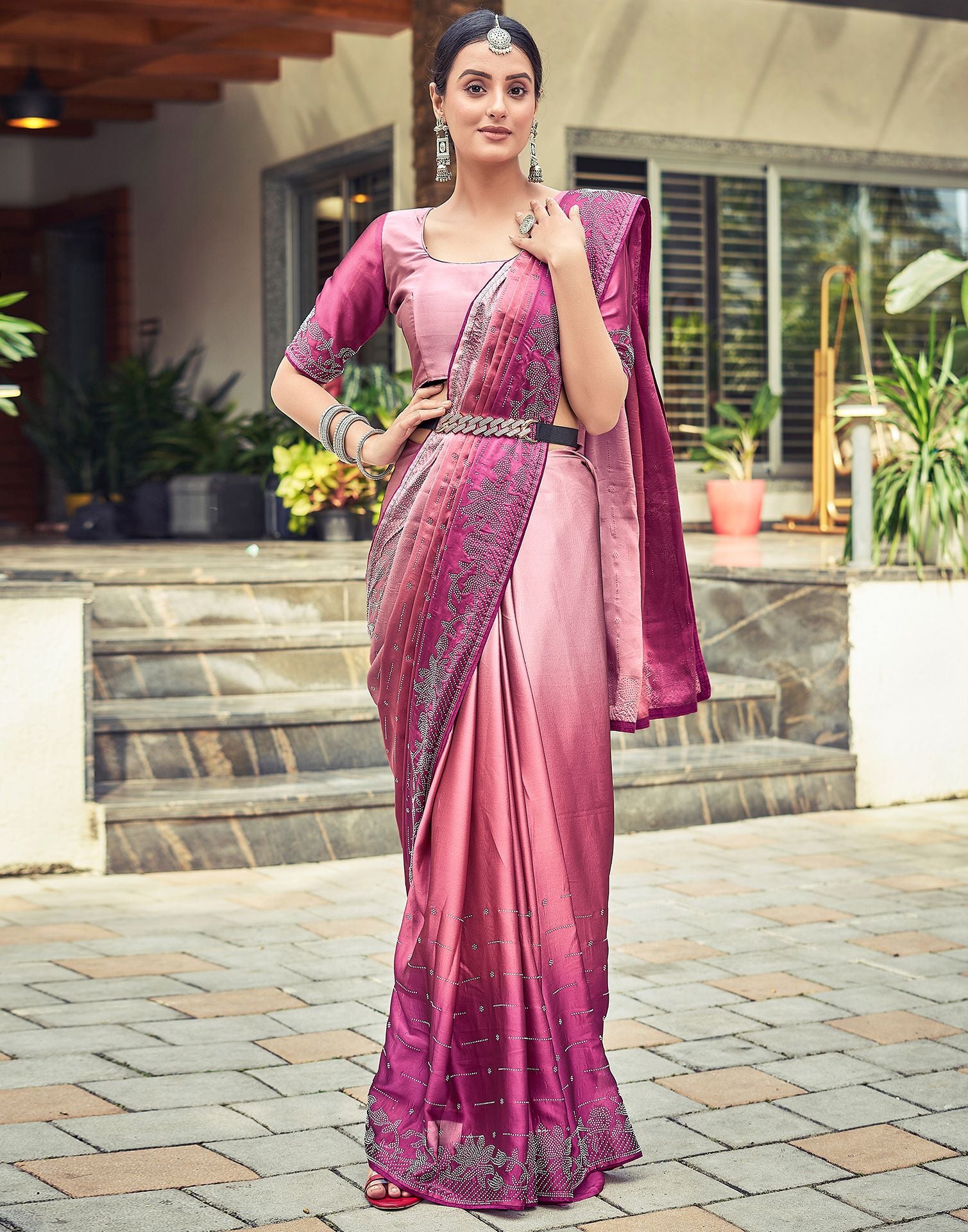 Pink Plain Georgette Saree