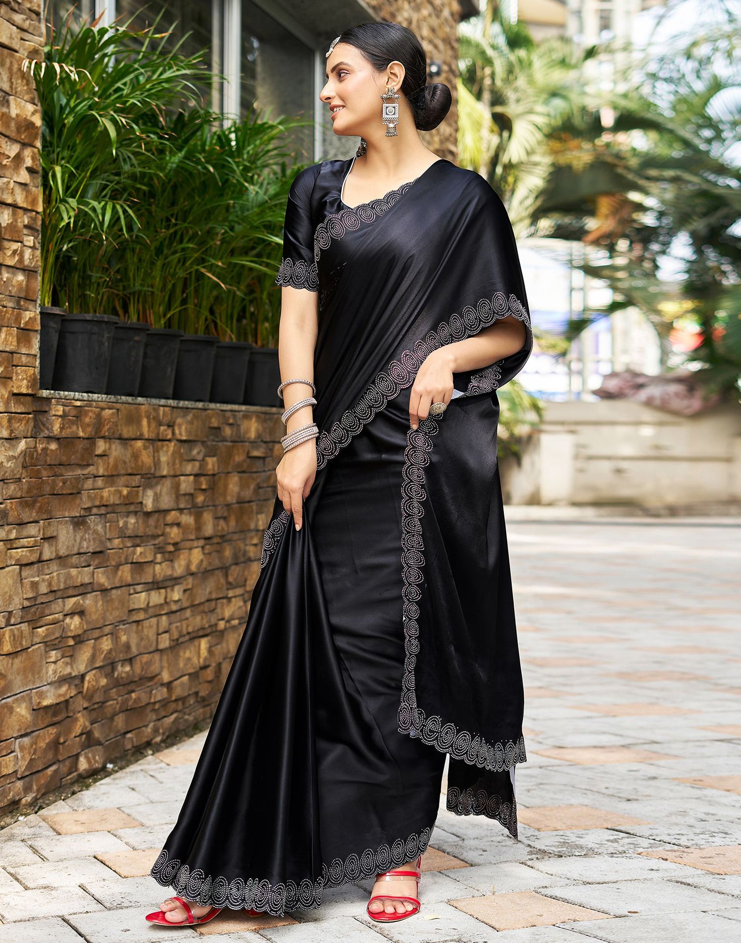 Black Plain Silk Saree