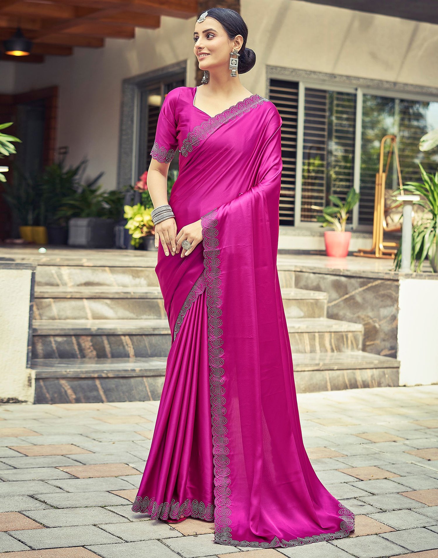 Pink Plain Silk Saree