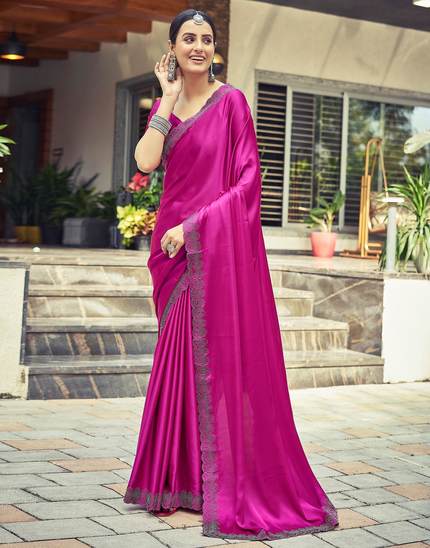 Dark purple plain satin saree with blouse - Keshav Creation - 3748837