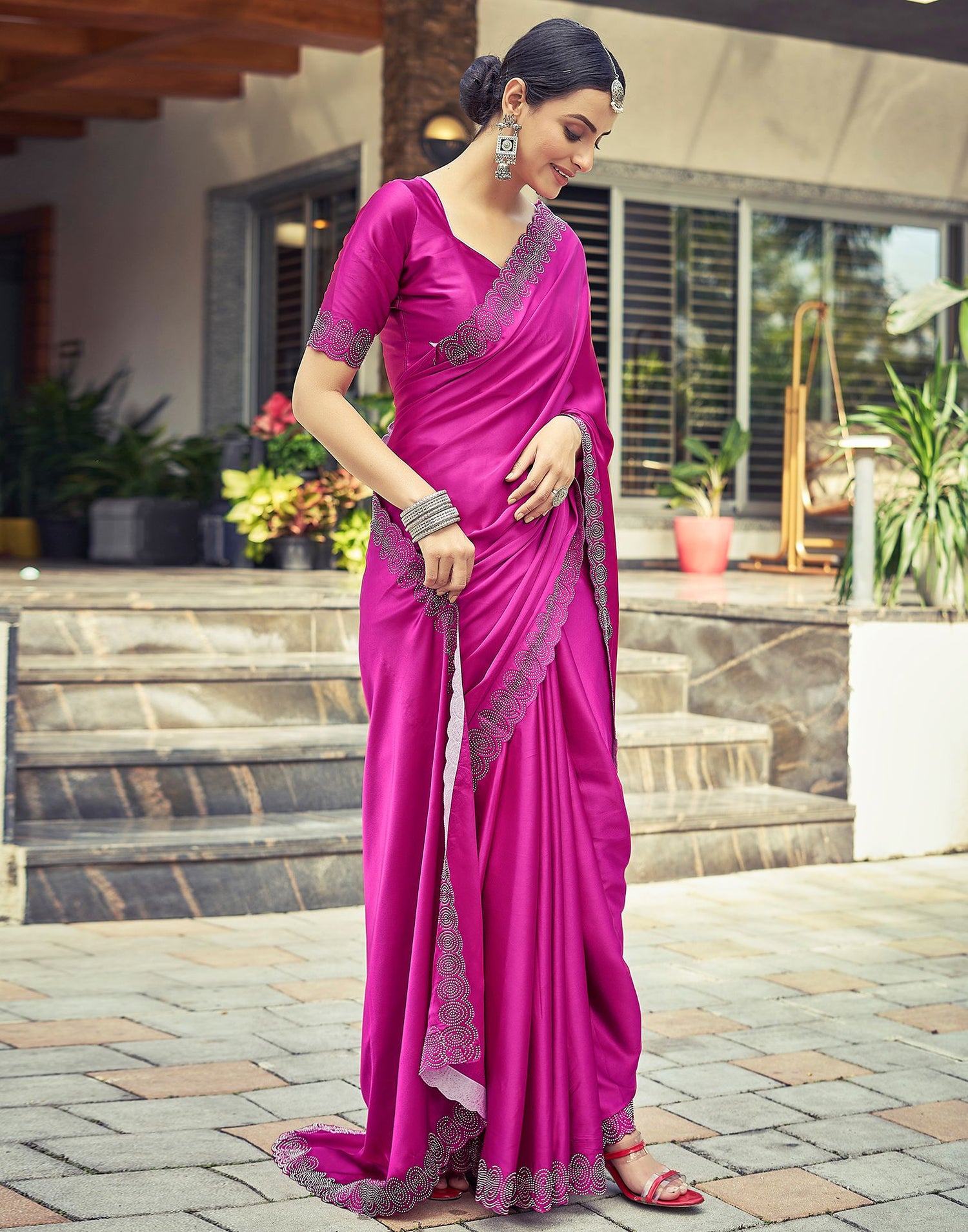 Pink Plain Silk Saree