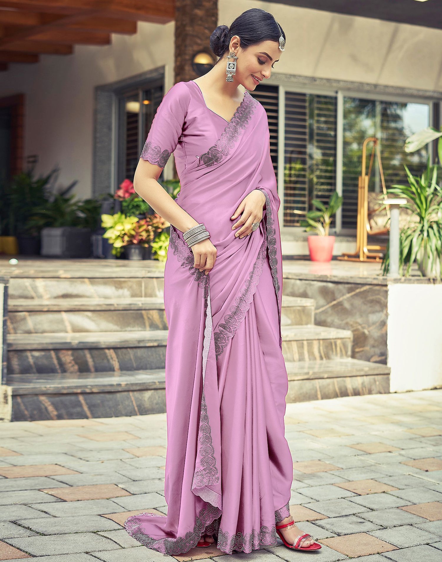 Light Pink Plain Silk Saree