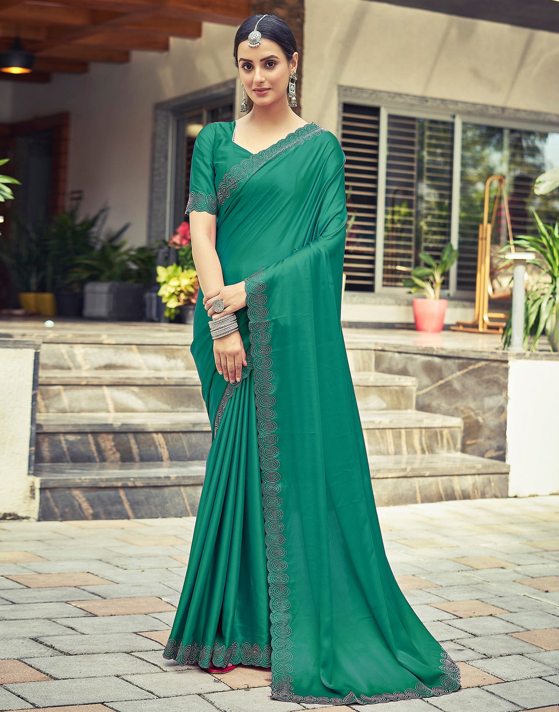 Rama Green Plain Silk Saree