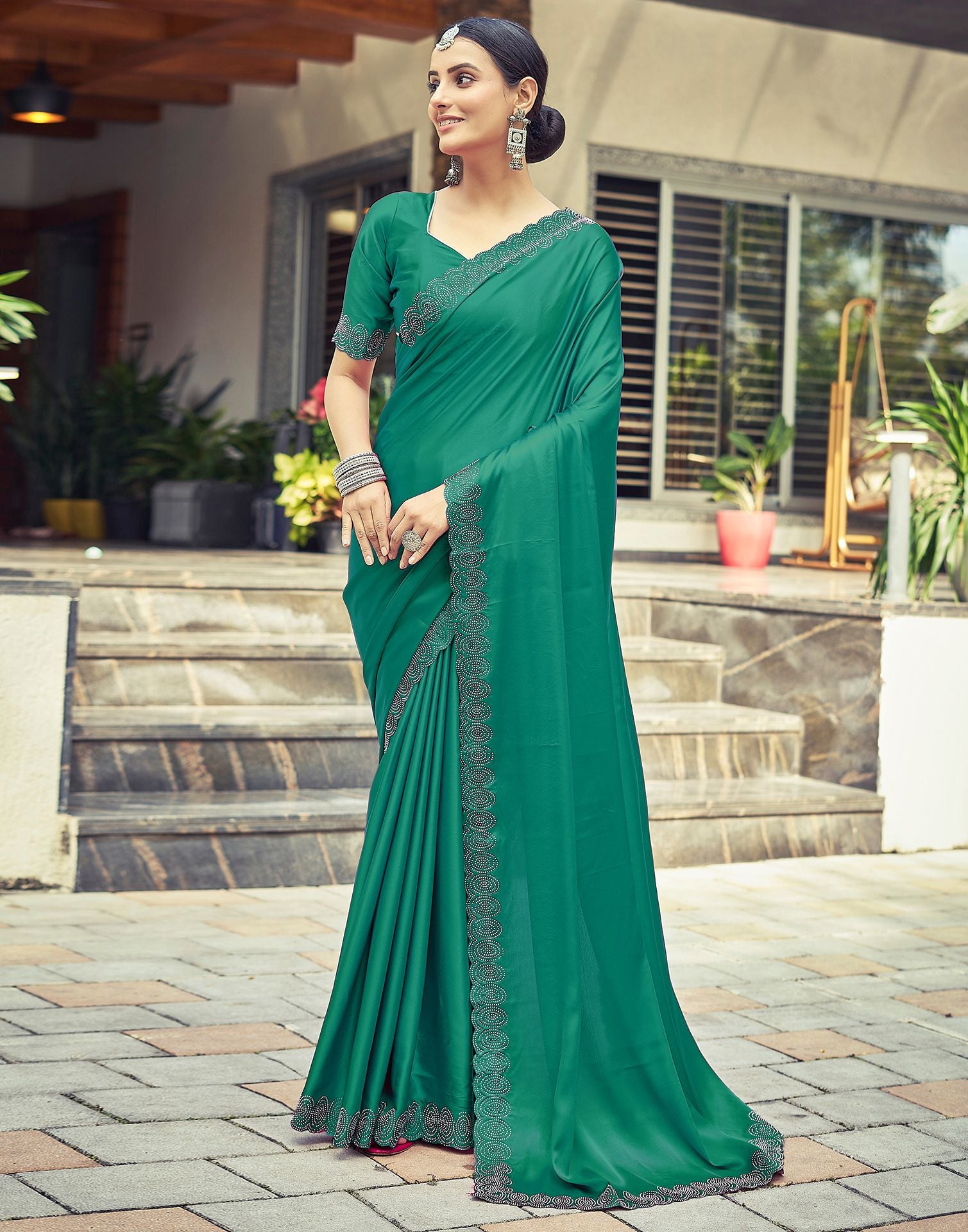 Rama Green Plain Silk Saree