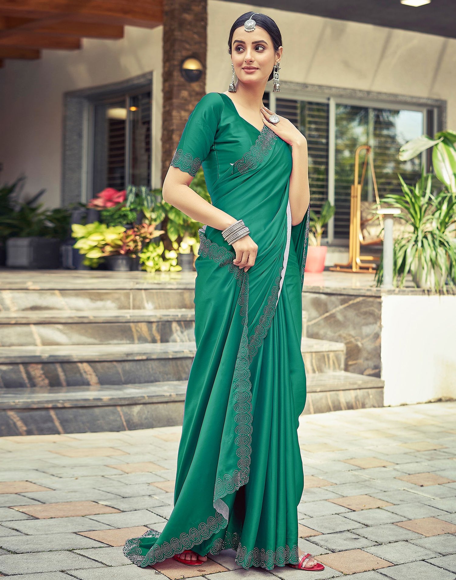 Rama Green Plain Silk Saree