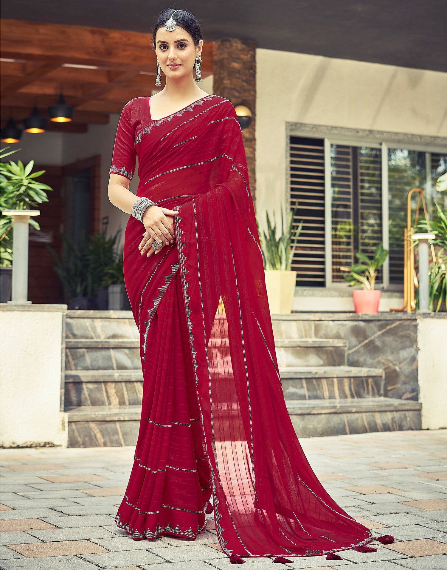 Red Plain Georgette Saree