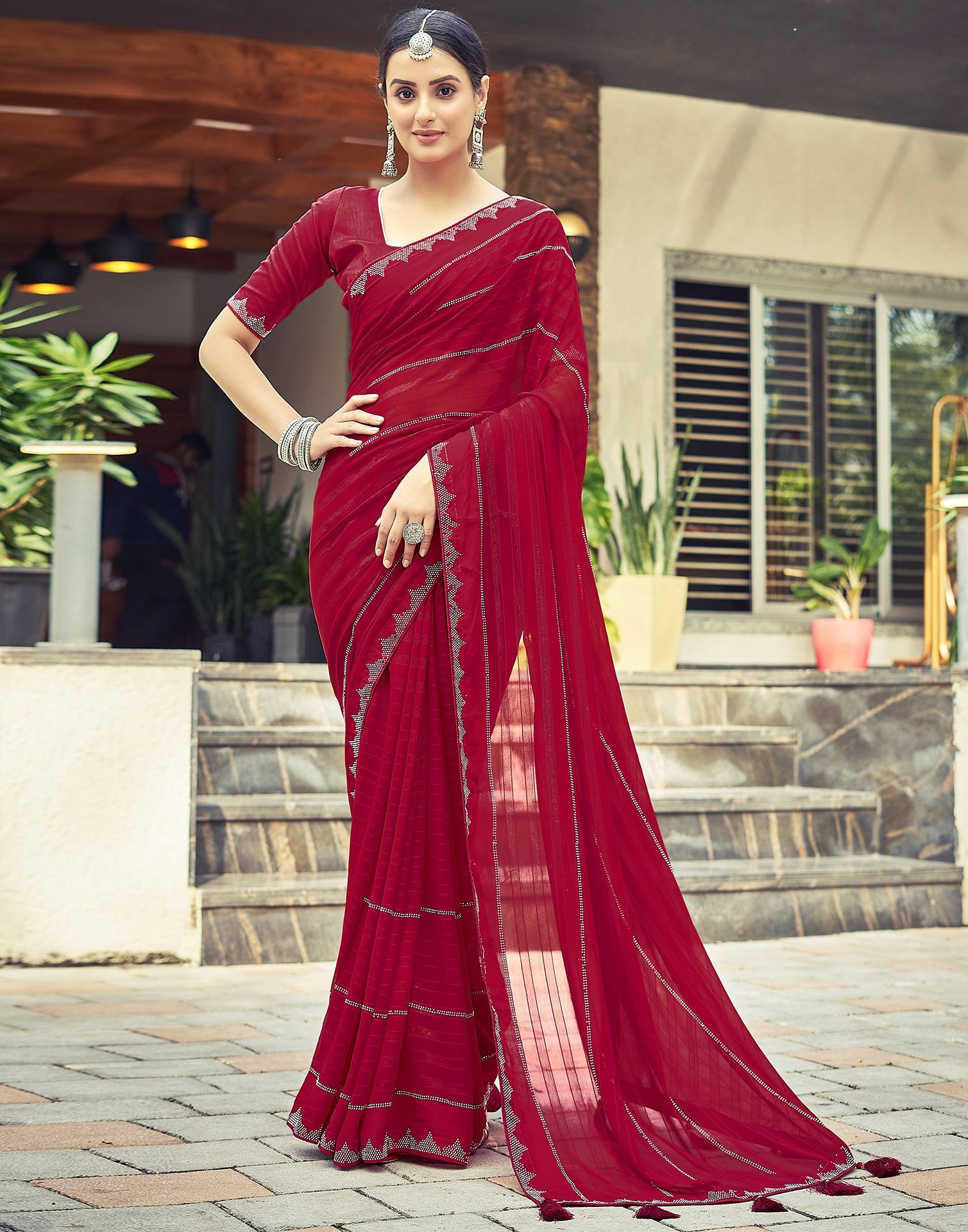 Red Plain Georgette Saree