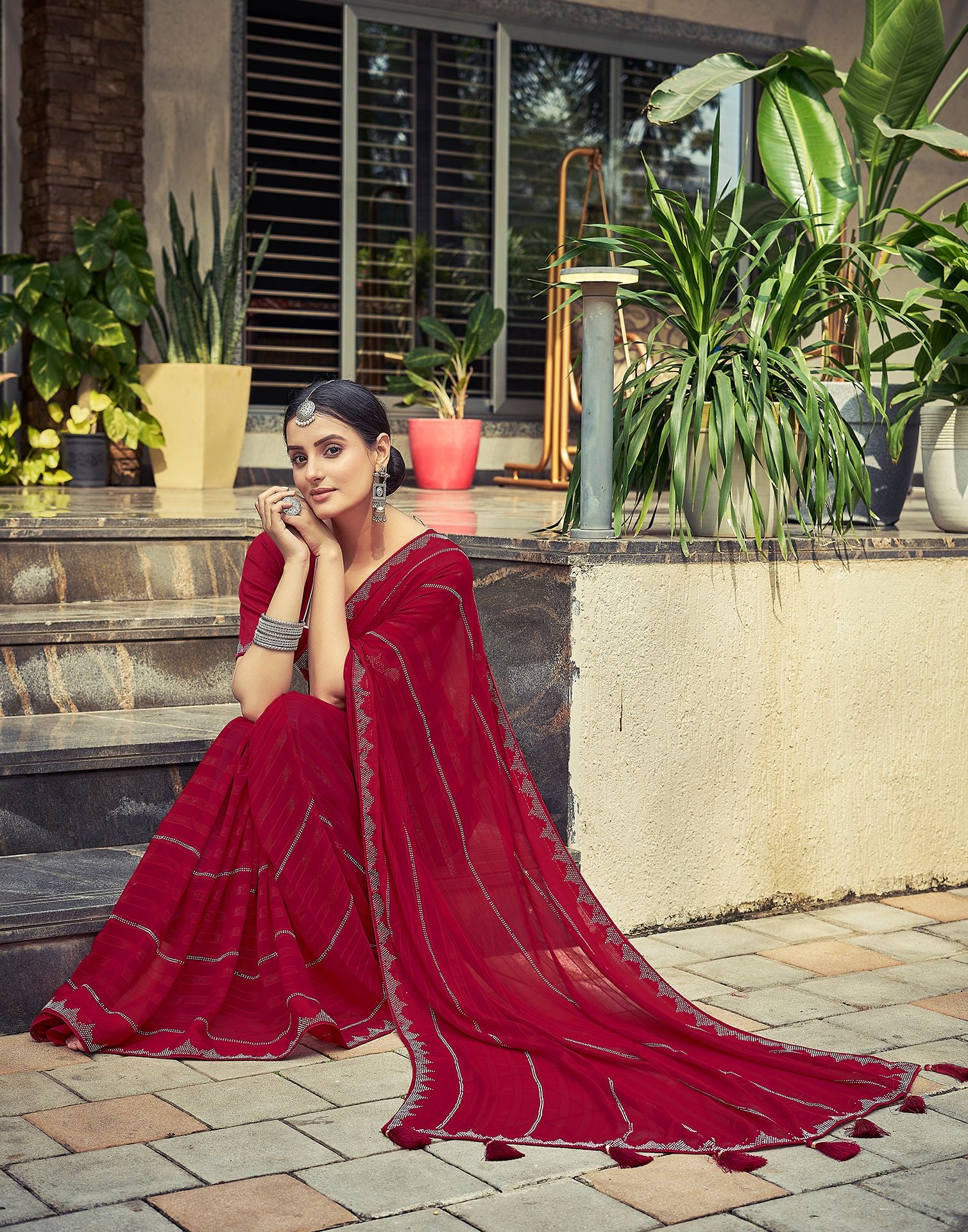 Red Plain Georgette Saree