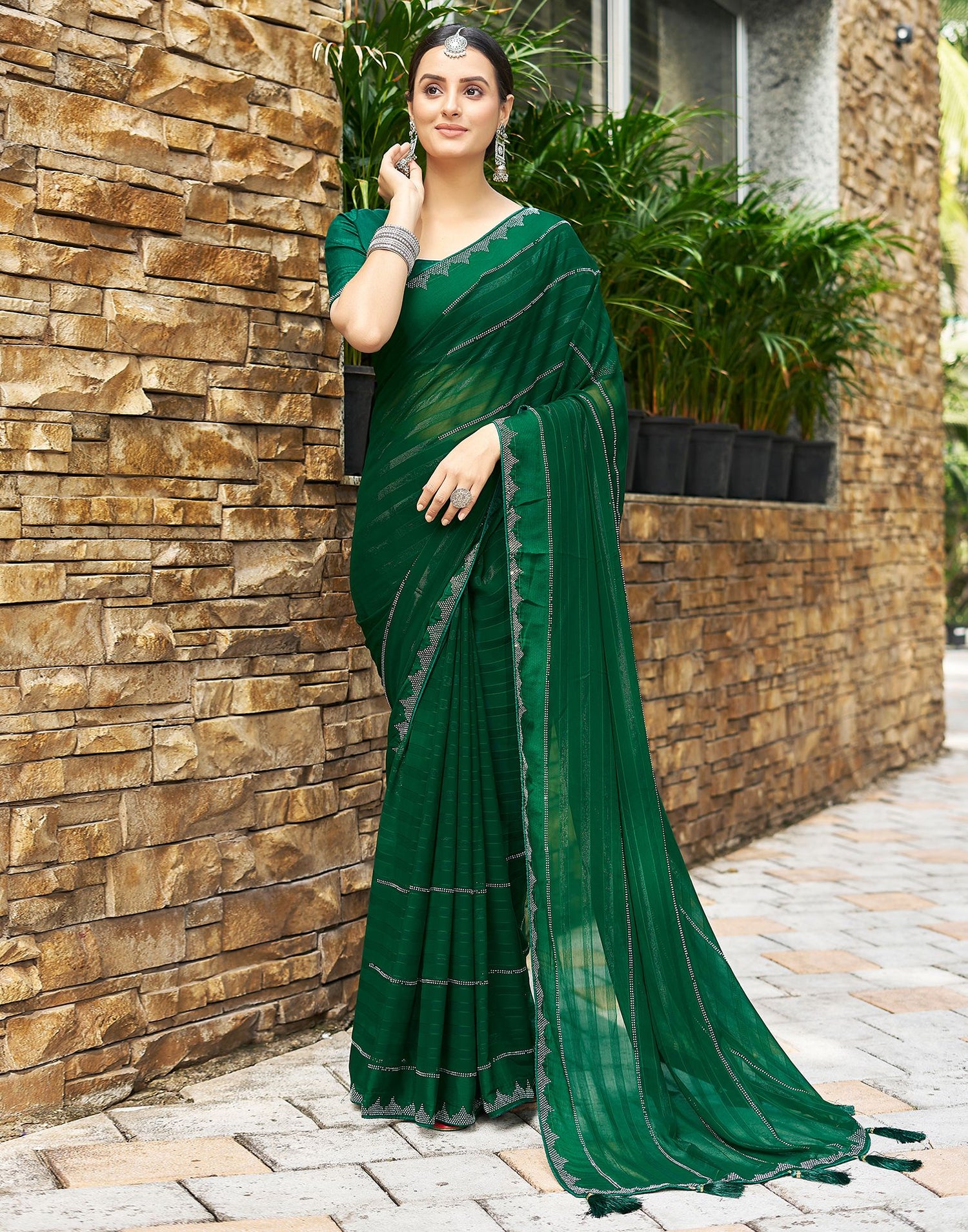 Dark Green Plain Georgette Saree