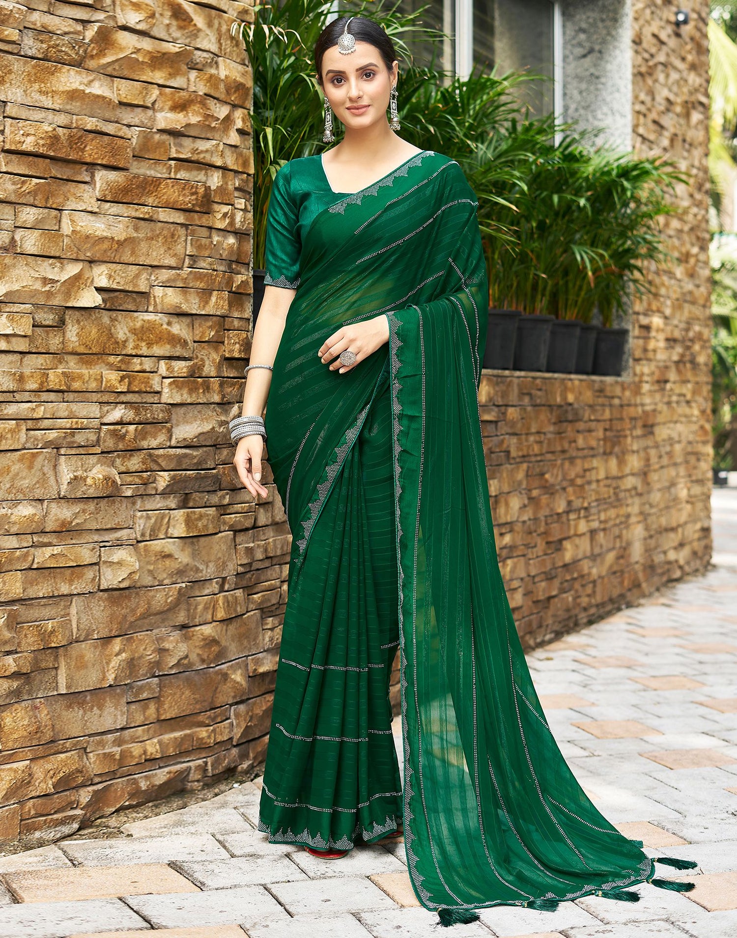 Dark Green Plain Georgette Saree