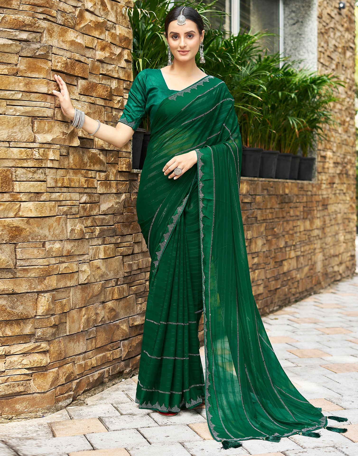 Dark Green Plain Georgette Saree