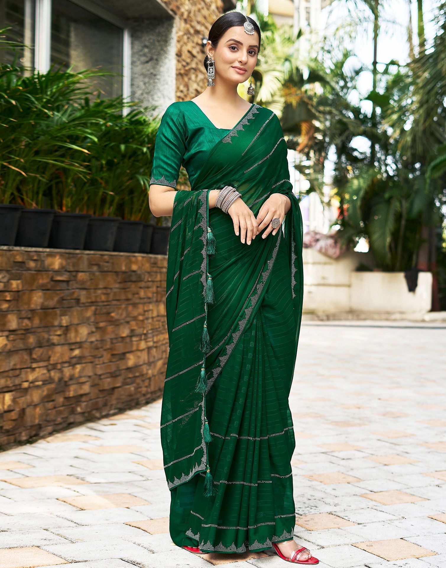 Dark Green Plain Georgette Saree