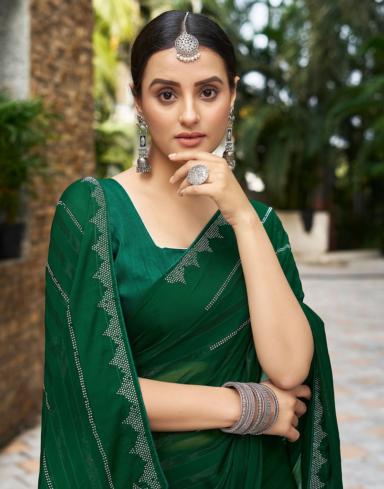 Dark Green Plain Georgette Saree