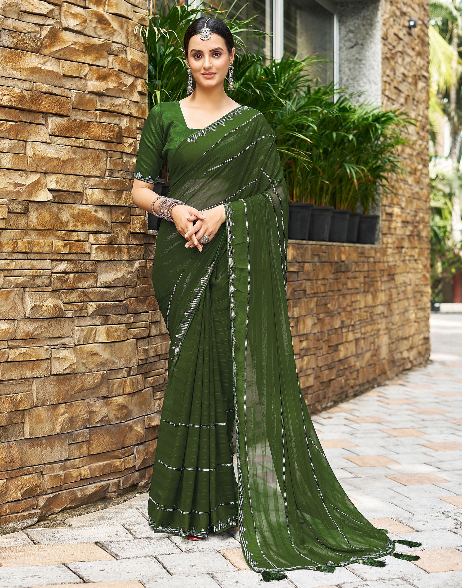 Mehandi Green Plain Georgette Saree