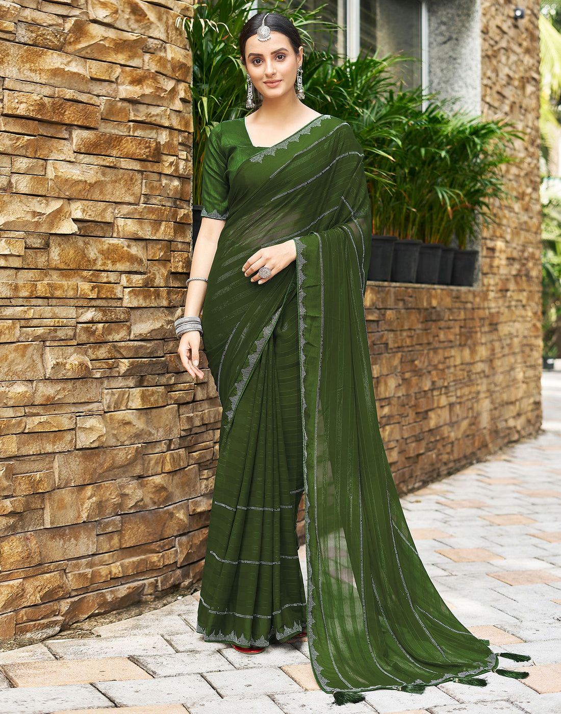 Mehandi Green Plain Georgette Saree