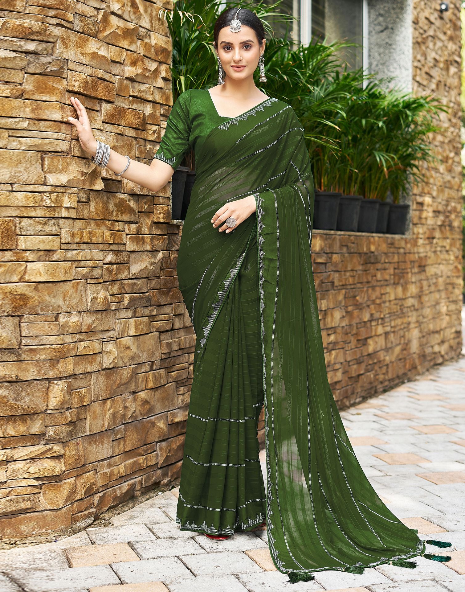 Mehandi Green Plain Georgette Saree