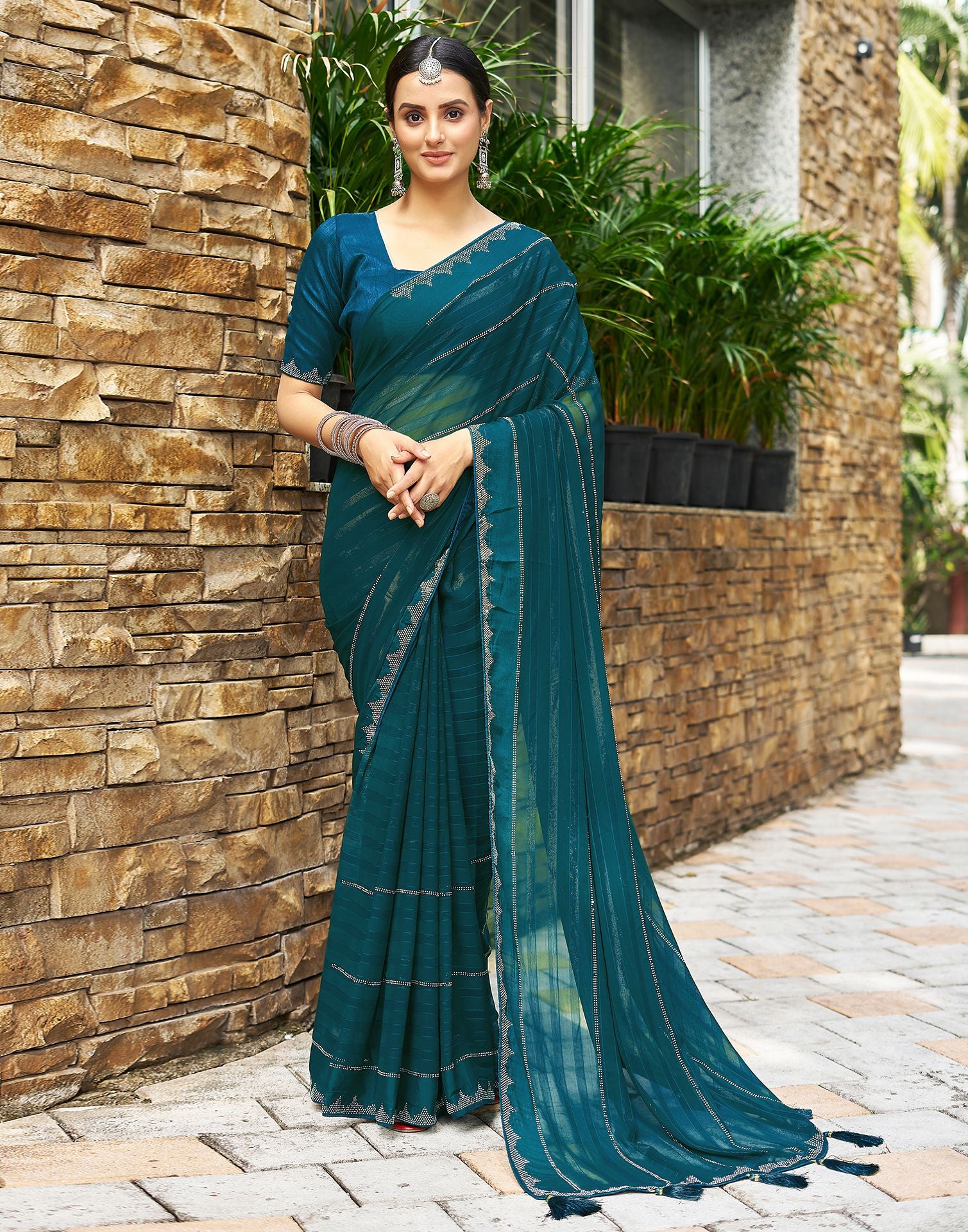 Dark Sea Blue Plain Georgette Saree