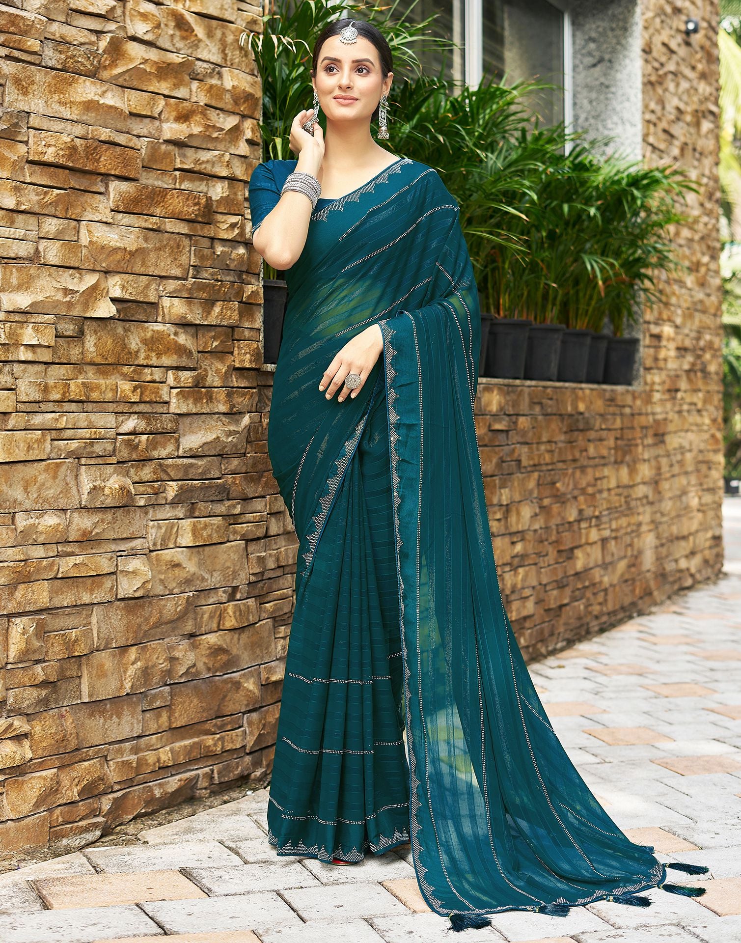 Dark Sea Blue Plain Georgette Saree